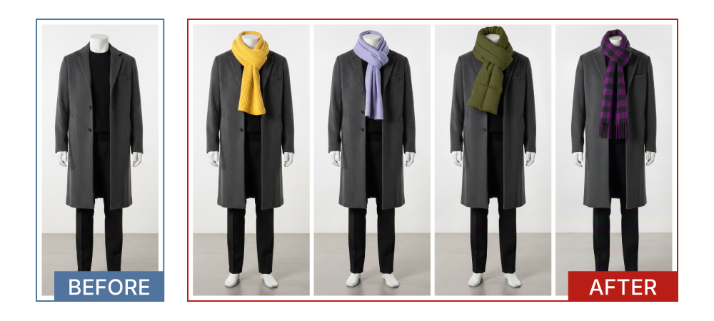 パーソナルカラーのマフラーを取り入れたコーディネートのビフォーアフター